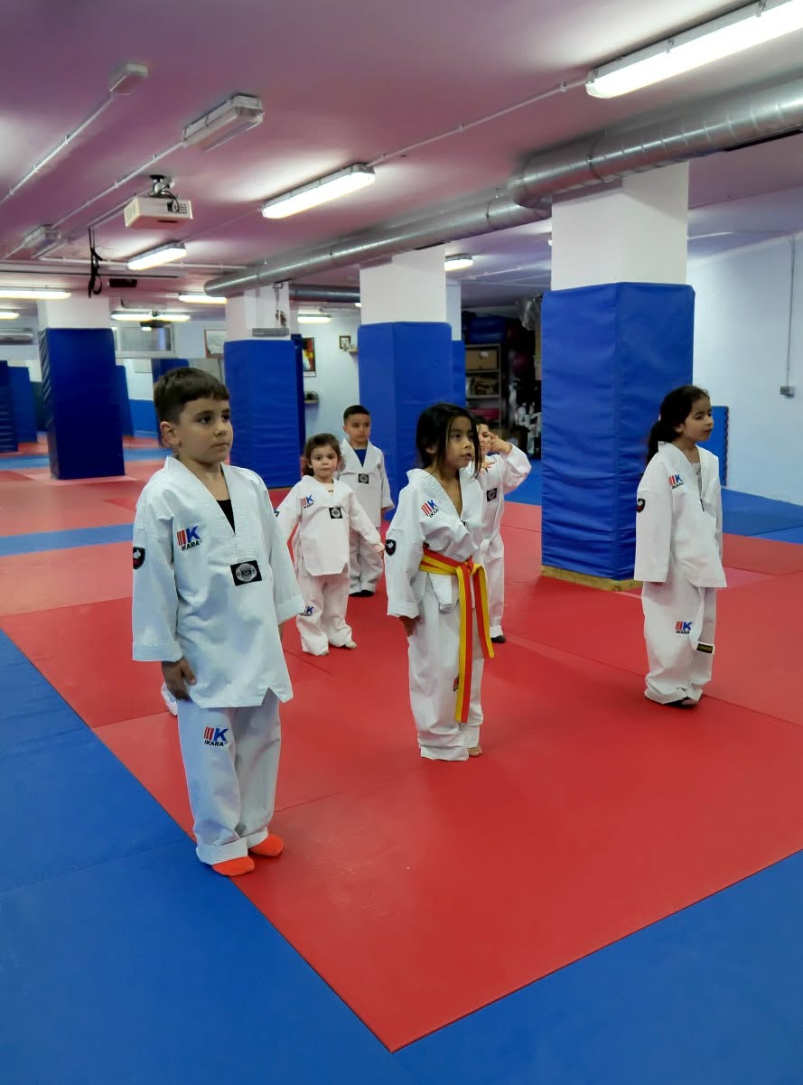 Clase infantil de Taekwondo en Hansu: alumnos con dobok blanco en fila sobre el tatami rojo y azul